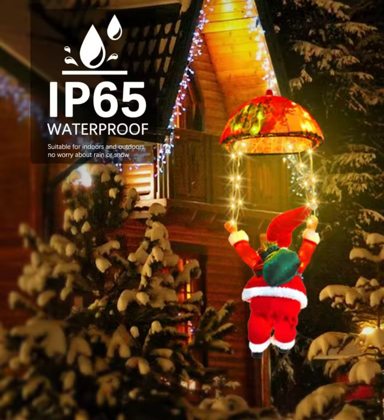 Santa Claus Parachute Christmas, Indoor christmas lights with 8 different light patterns, Memory and Timer Function