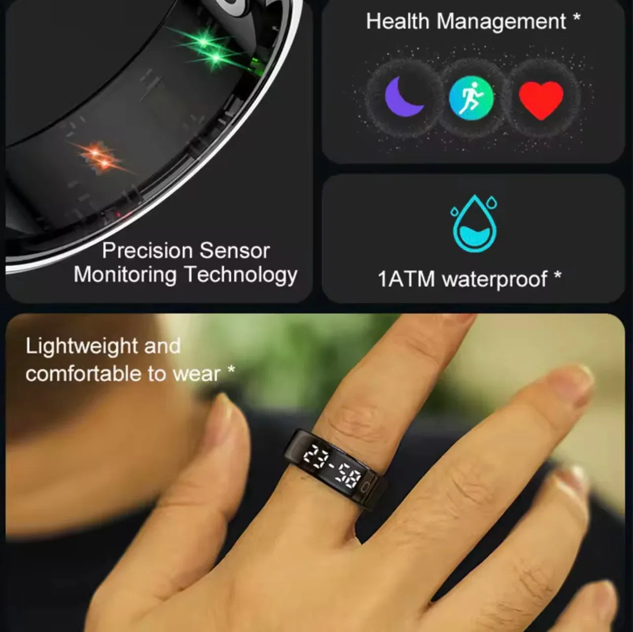 Bluetooth Smart Ring Stainless Steel - Fashion Men & Women,Track Steps|Calories|Heart rate|Blood oxygen|Sleep|Stress Monitor|Multi Modes|LED display|Gesture control|remote camera control,Free app (No subscription),Waterproof Light 3.2g 15 days standby - ZeeTec Store