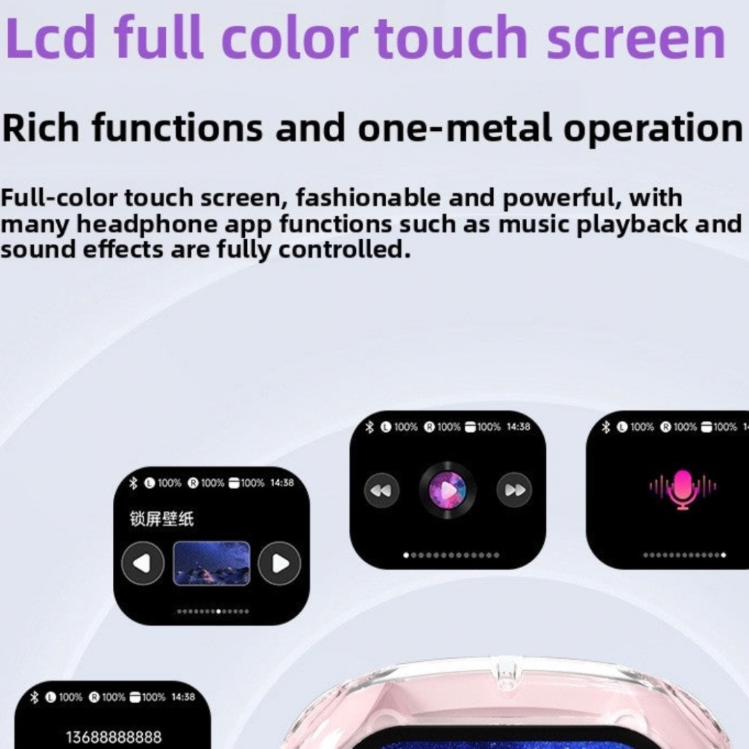 Transparent LCD Bluetooth Headset with Noise Cancellation, Voice Control, Bilateral Stereo Sound, Color Screen, Long Battery Life