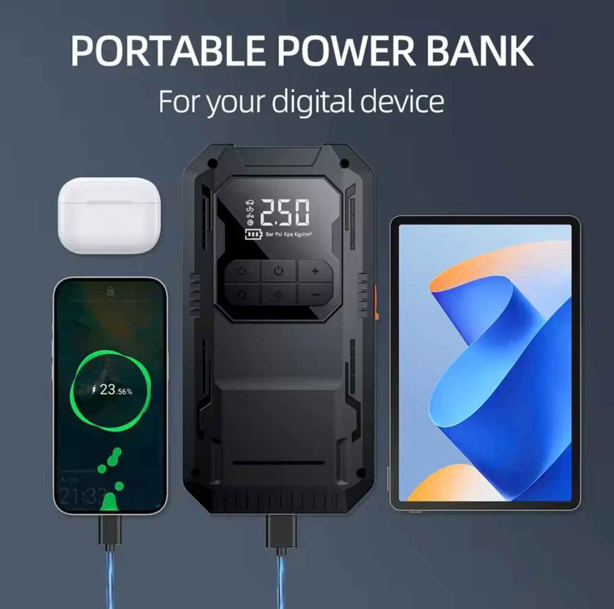Portable Car Jump Starter Battery, Tire Air Pump, Emergency Light and Power Bank