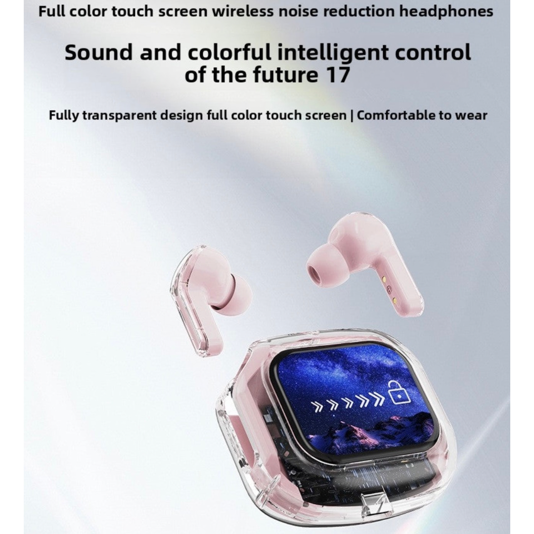 Transparent LCD Bluetooth Headset with Noise Cancellation, Voice Control, Bilateral Stereo Sound, Color Screen, Long Battery Life