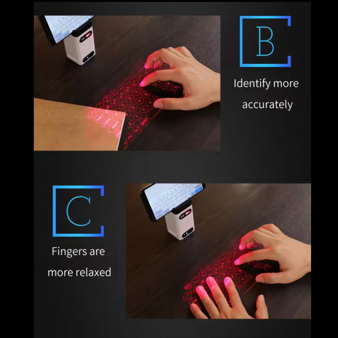 WIRELESS VIRTUAL LASER KEYBOARD,Universal compatible all OS Bluetooth,Two Models: White & Black,White: Phone bracket/power bank/usb/Keyboard/Mouse/6H use,Black: Keyboard/Mouse/2H use,Projection size:10cm*25cm