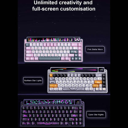 Three different keyboards with colorful backlighting on a dark background, featuring text about creativity and customization.