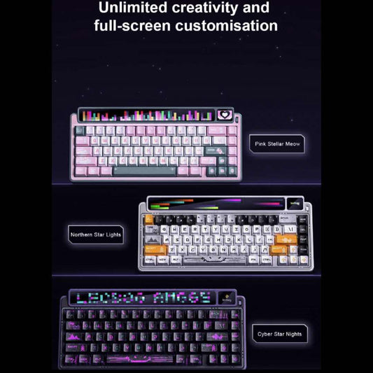 Three different keyboards with colorful backlighting on a dark background, featuring text about creativity and customization.