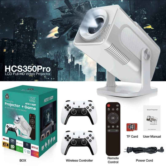 HCS350Pro video projector with packaging, controllers, remote control, and accessories on a cityscape background.