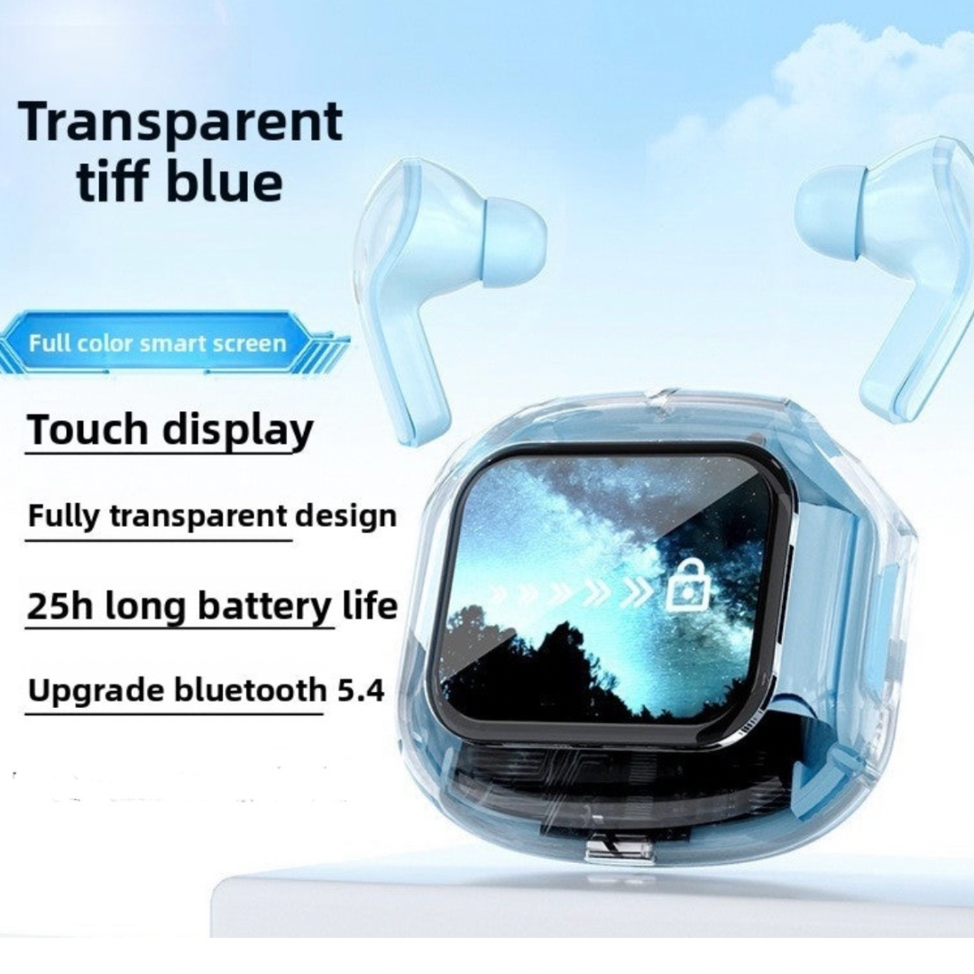Transparent LCD Bluetooth Headset with Noise Cancellation, Voice Control, Bilateral Stereo Sound, Color Screen, Long Battery Life