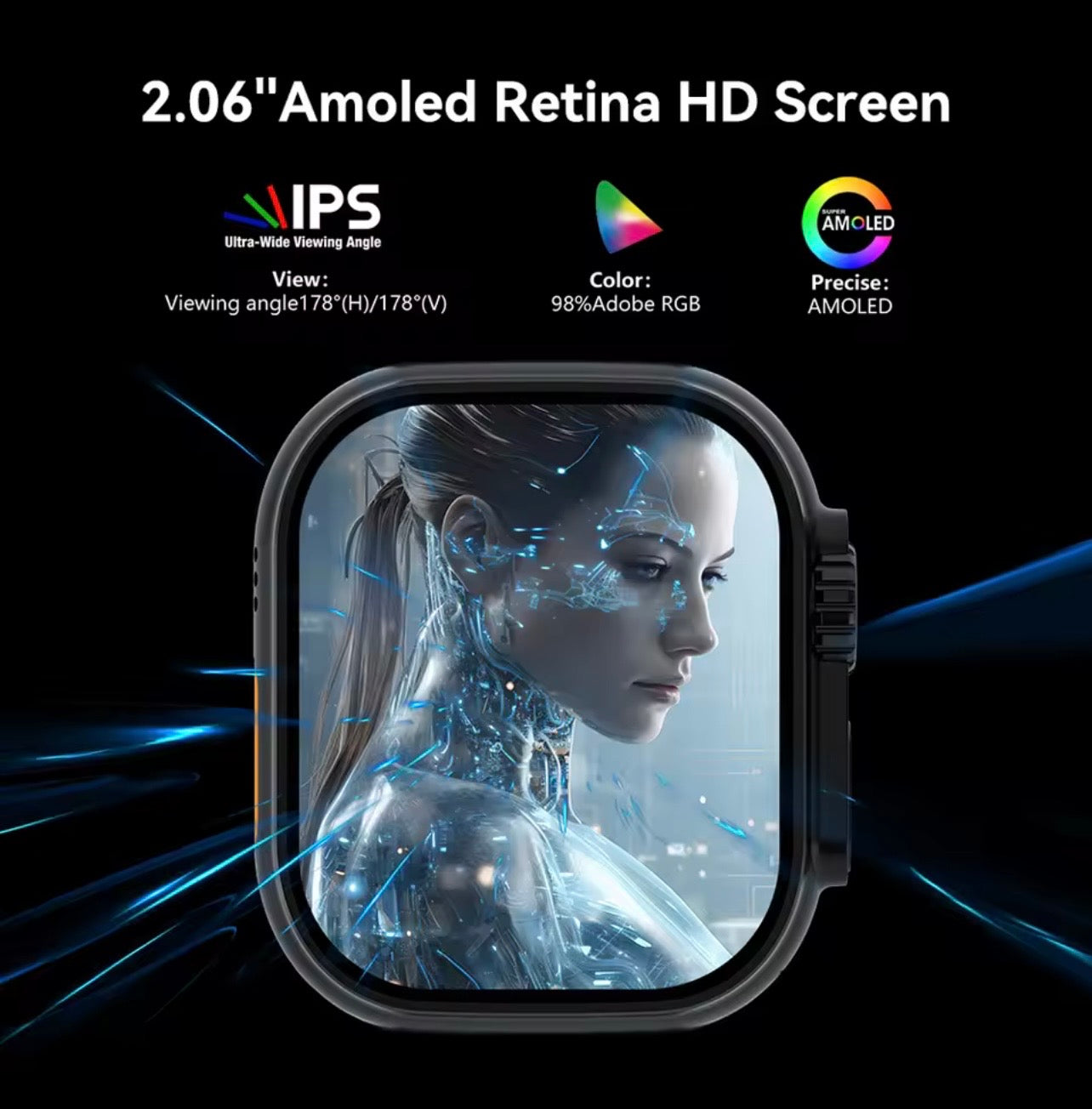 Ultra Thin Smart Watch - AMOLED Display 2.06” Camera, Sim Support, Bluetooth Calls, GPS, Health Tracking