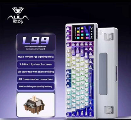 Aula L99 Mechanical Gaming Keyboard, 3.98-inch IPS Touch Screen, RGB LIGHTING: 16 million colour Backlight, SOUND OPTIMIZATION, 8000mAh Battery, Triple Connection Mode