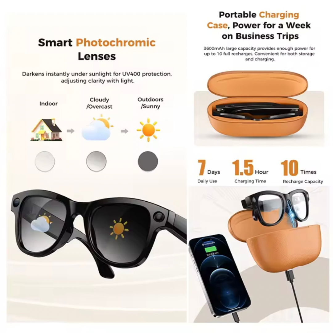 Smart AI Glasses with Built-in camera, charging Case and Light Changing Lenses