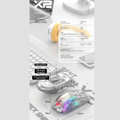 Attack Shark X2 Mouse, Completely Transparent Design, Mute Operation, Adjustable DPI: 5-speed DP, Triple-Mode Connectivity, Original Phase 3212 Sensor, Long-Lasting Battery Life, Ergonomic Design