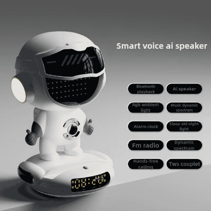 Smart AI Robot, Intelligent Conversation Wireless Speaker,  AI Empowered Voice Interaction, Powerful AI Voice Model, Smart Life Assistant, Night Atmosphere Light, Long-Lasting Battery Life, Multi-Function Entertainment Hub, Premium Design & Durability