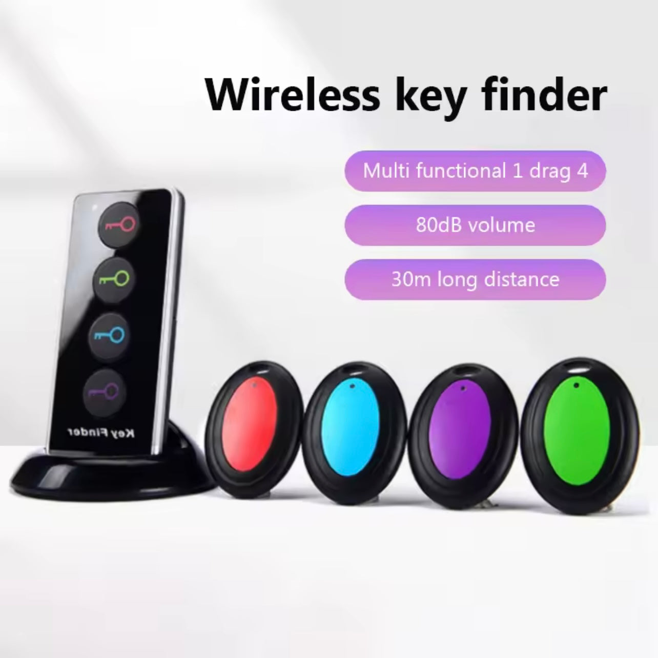 Wireless RF item Finder Tracker,Includes: 1 Remote + 4 Receivers + 1 Base Stand + 4 Double-Sided Adhesive Pads, Quick One-Button Search, Strong Signal & Long Range - Up to 30m, Slim & Portable Receivers