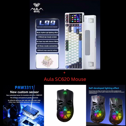 Aula L99 Custom Mechanical Keyboard, Smart Customizable 3.98-inch IPS Touch Screen,RGB LIGHTING: 16 million colour Backlight,Triple Mode Connectivity: Type-C wired/2.4G wireless/Bluetooth - 8000mAh Battery,Hot-Swappable Full 80 Keys