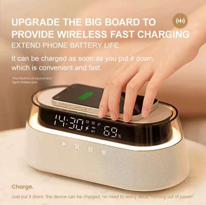 6-in-1 Smart Alarm Clock, 15W Wireless Charger, Bluetooth Speaker, FM Radio, Dual Alarm, USB Charging Port & RGB Mood Light