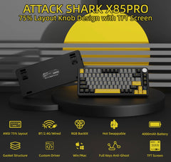 ATTACK SHARK X85PRO, 75% Tri-Mode Gasket Mechanical Keyboard, Multi-function TFT smart display, CNC precision knob for quick volume control, Tri-mode connectivity – wired Bluetooth and 2.4GHz wireless, 3-pin/5-pin hot-swappable PCB, programmable RGB