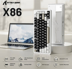 ATTACK SHARK X86 Full Aluminum Keyboard, Tri-mode connectivity, Hot-swappable design, 4000mAh rechargeable battery, 16.8 million-color south-facing RGB, Matcha linear switches, 80% ANSI layout, CNC 6063 aluminum body