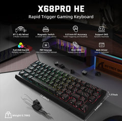 ATTACK SHARK X68 PRO HE Gaming Keyboard, Compact 68-Key Layout, Wireless + Wired Dual Mode, Rapid Trigger Technology, 8000Hz Polling Rate, Hot-Swappable Switches, RGB Backlit Keys, Durable Build