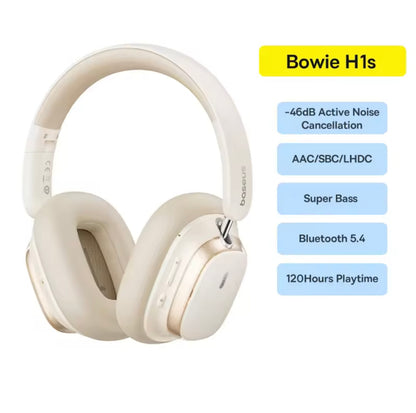 Baseus Bowie H1s Wireless Headphones – Bluetooth 5.4, 46dB Noise Cancelling, Hi-Res Spatial Audio, Over-Ear Comfort, 120H Playtime