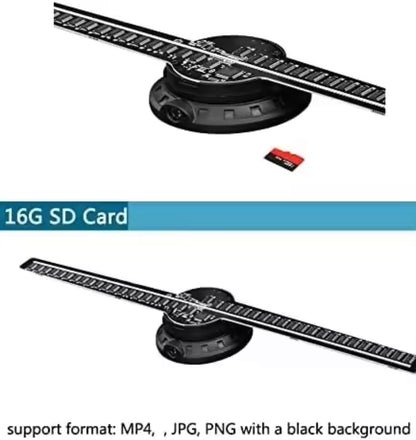 HOLOGRAM FAN PROJECTOR 3D HD, 42cm Display Diameter, High Resolution: 2000 X 224, 224 LED Lamp Beads, 16GB TF Memory Card Included, Smart Control via Multi-Function Remote, Adjustable Brightness & Viewing Angle