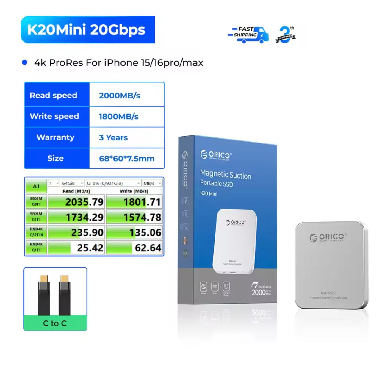 ORICO K20Mini Magnetic External SSD – 2000MB/s Portable Storage for iPhone 16/15 Pro & Pro Max | 4K ProRes HDR Recording Drive