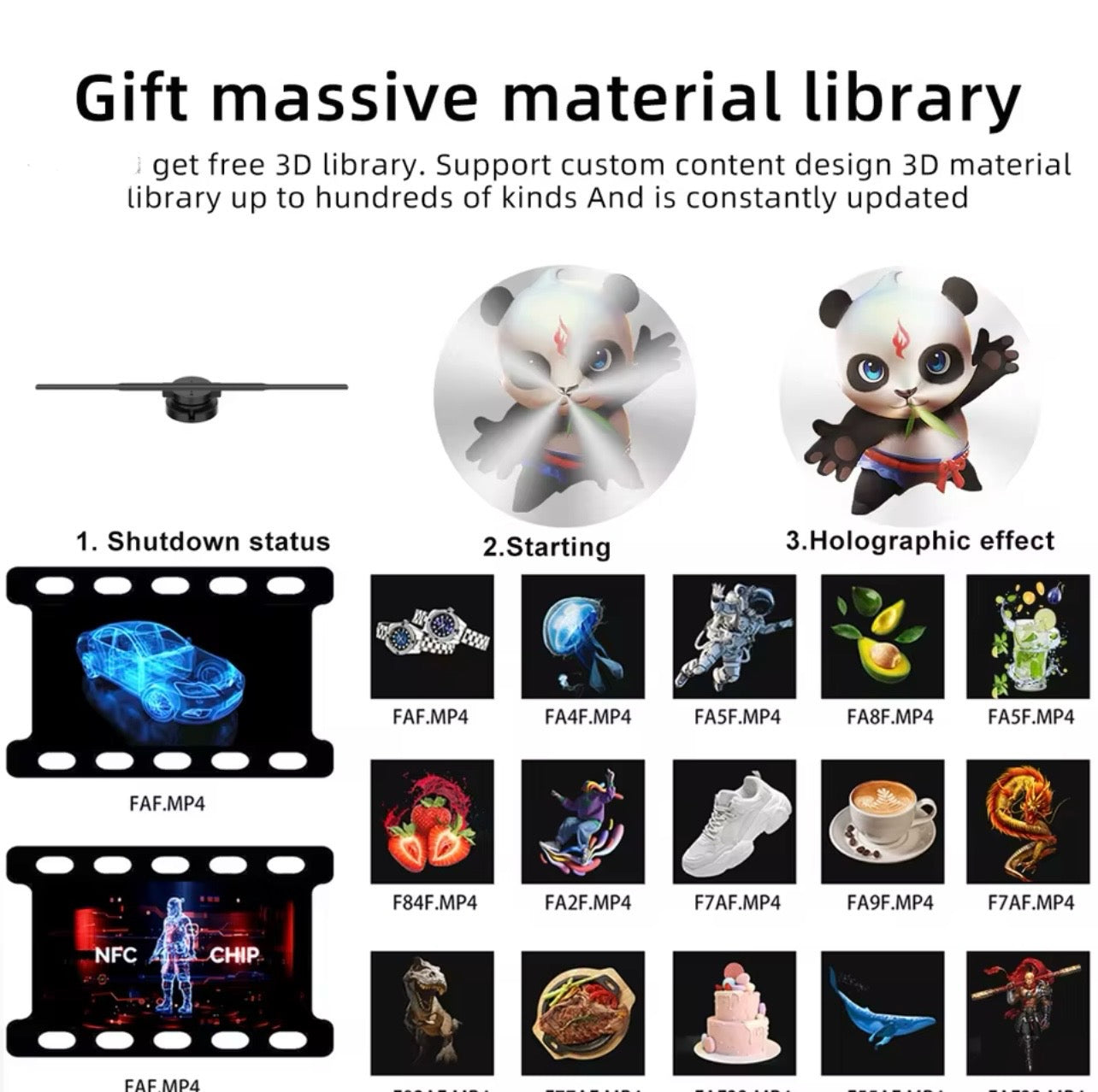 HOLOGRAM FAN PROJECTOR 3D,High Quality LED Lamp Beeds,Upload/Create/Display image or video in 3D,8GB TF Memory Card Included,Smart Control via App & Remote,Adjustable Brightness & Viewing Angle,Bonus: Massive 3D Ready Image Video Library