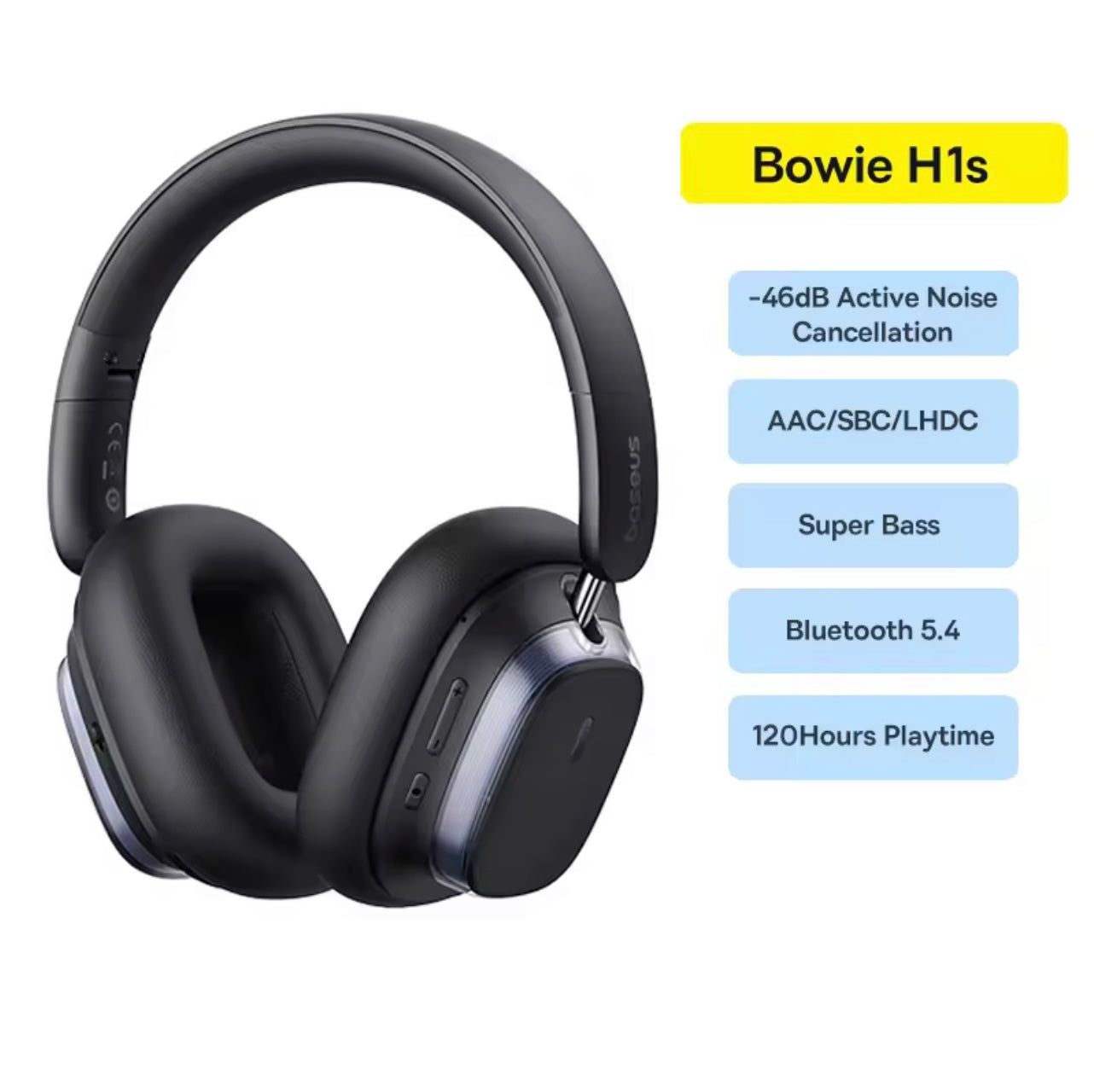 Baseus Bowie H1s Wireless Headphones – Bluetooth 5.4, 46dB Noise Cancelling, Hi-Res Spatial Audio, Over-Ear Comfort, 120H Playtime