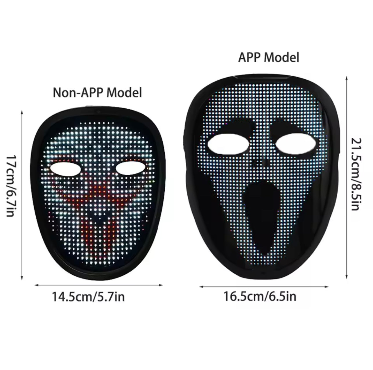 DIY Shining LED Face Mask, Two models: App control & No App, App control: Large Size - Program Text - Anim Display - File upload - Bluetooth - Uni Compatibility, No App: Small Size - Gesture control - 40 GIF, Optional: Gravity Headphones or Handheld Game