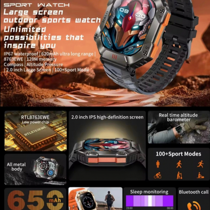 High Quality Durable Smartwatch, 2” High Definition IPS Screen, Bluetooth Call & Smart Notifications, Large Battery, Sports & Health Tracking, Compass & Waterproof Sports Design – Outdoor Electronic Watch