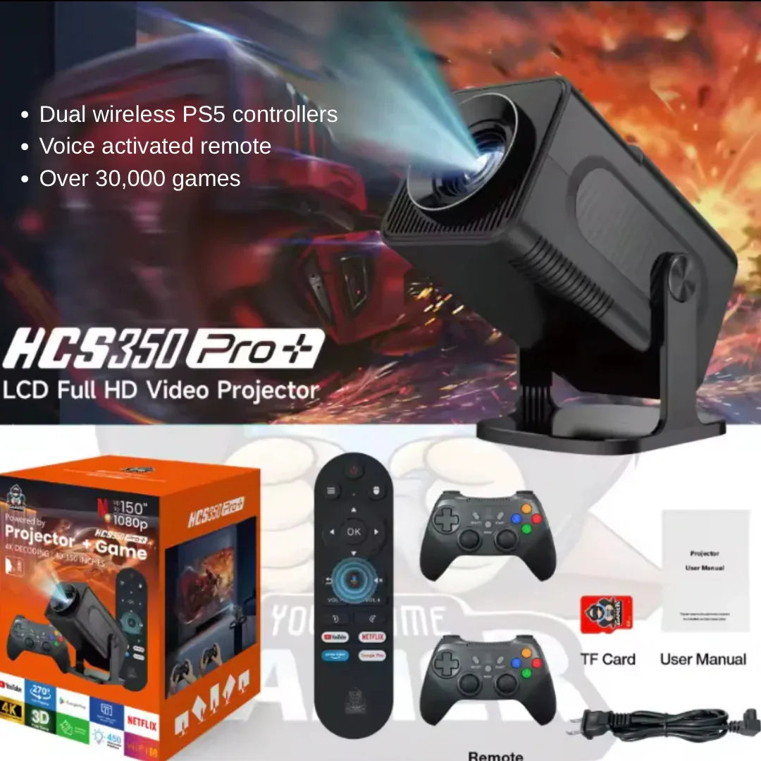 HCS350 4K Home Theater Projector - Stream & Game in 4K, 150-Inch Display, Connects to Laptop, Tablet, Phone, Xbox, PS, Built-in Apps like YouTube & Netflix, Dual Speakers, WiFi, Memory Card, Optional 4K Stream Stick for More Apps - ZeeTec Store