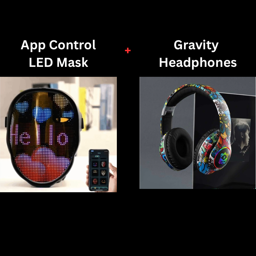 DIY Shining LED Face Mask, Two models: App control & No App, App control: Large Size - Program Text - Anim Display - File upload - Bluetooth - Uni Compatibility, No App: Small Size - Gesture control - 40 GIF, Optional: Gravity Headphones or Handheld Game