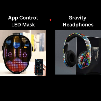 DIY Shining LED Face Mask, Two models: App control & No App, App control: Large Size - Program Text - Anim Display - File upload - Bluetooth - Uni Compatibility, No App: Small Size - Gesture control - 40 GIF, Optional: Gravity Headphones or Handheld Game
