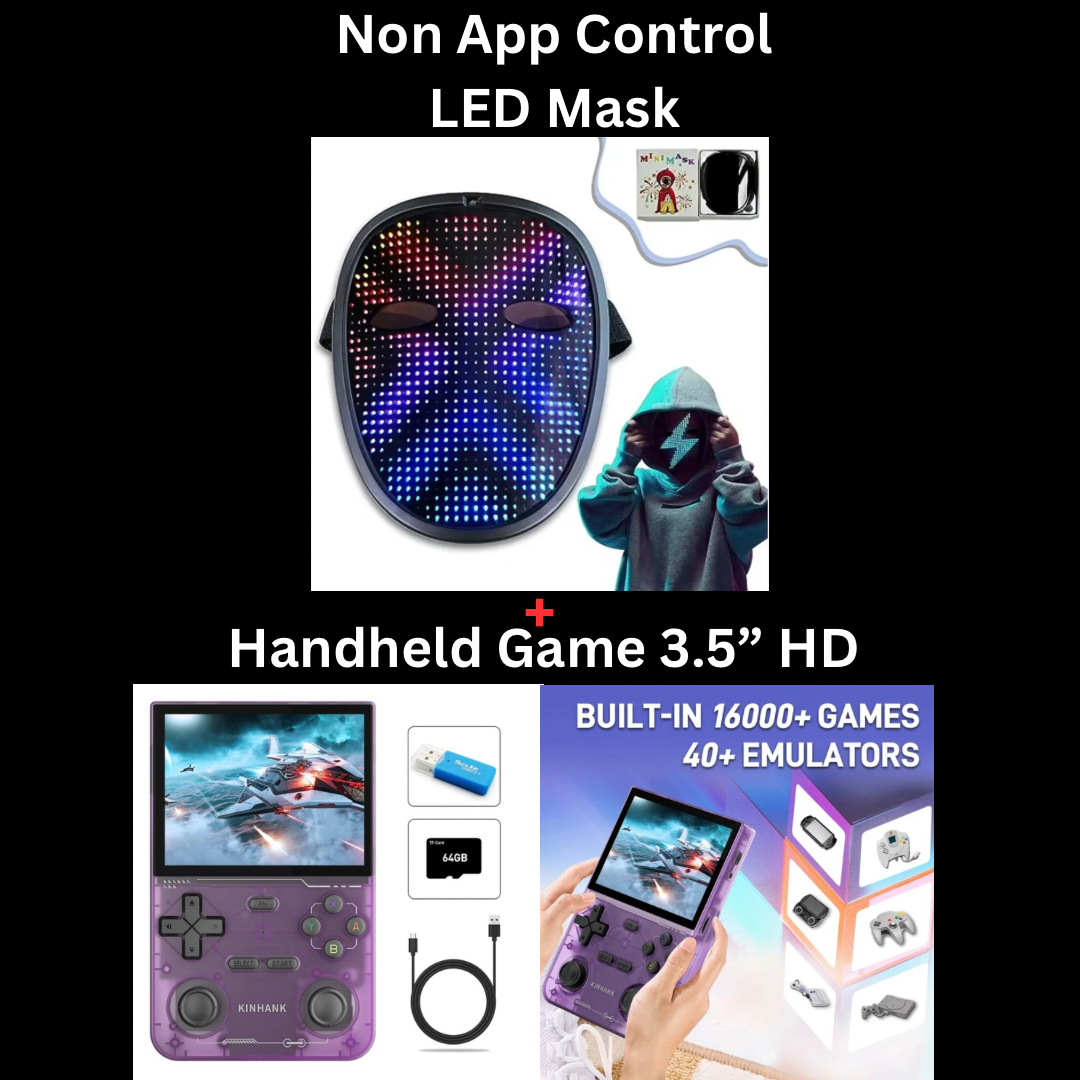 DIY Shining LED Face Mask, Two models: App control & No App, App control: Large Size - Program Text - Anim Display - File upload - Bluetooth - Uni Compatibility, No App: Small Size - Gesture control - 40 GIF, Optional: Gravity Headphones or Handheld Game
