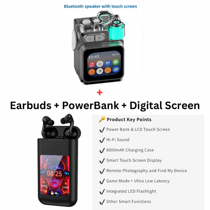 Touch-Screen Bluetooth Mini Speaker, 2.1” HD Touch Screen Control, Multifunction: Music|Call|Lyrics|Weather…etc,Metal Armor Design & Bass Subwoofer, Long Playtime: Built-in 1200mAh, Optional: Exclusive Earbuds