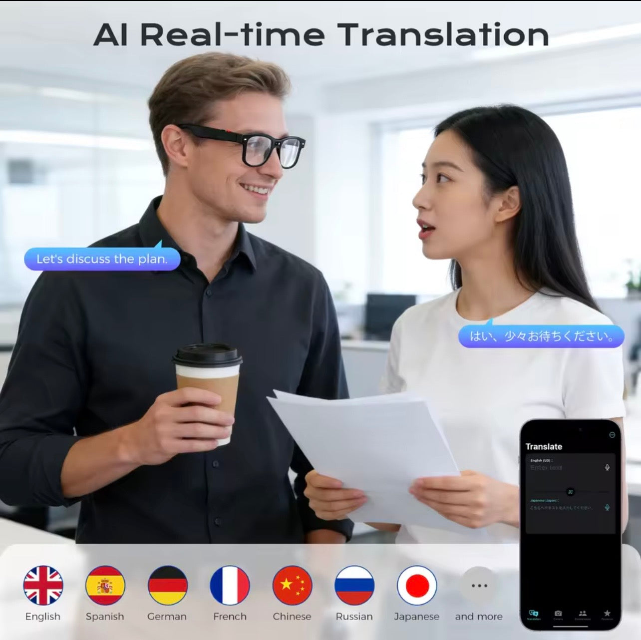 Smart Glasses 8MP Camera, AI object recognition & Translation