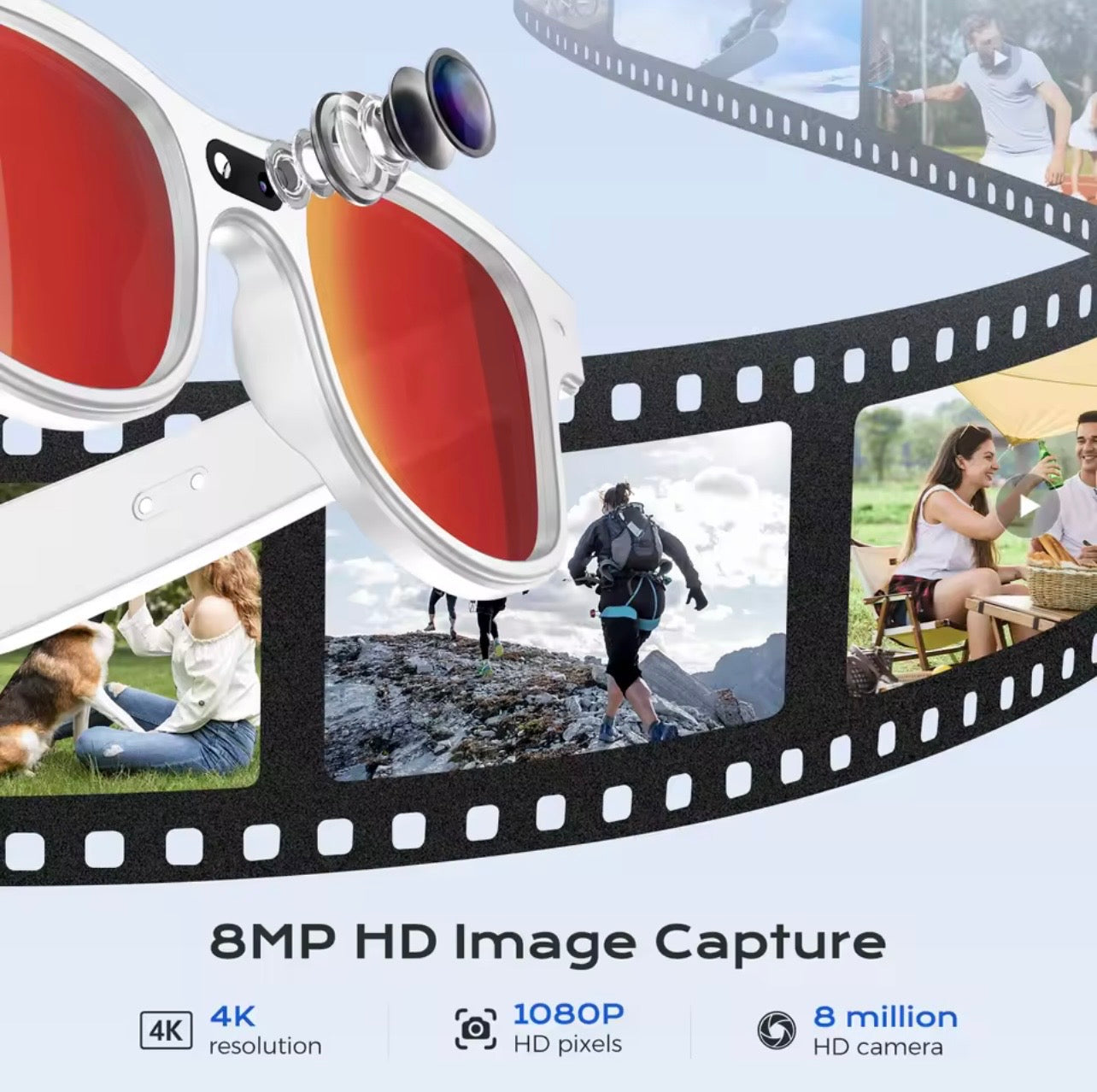 Smart Glasses 8MP Camera, AI object recognition & Translation