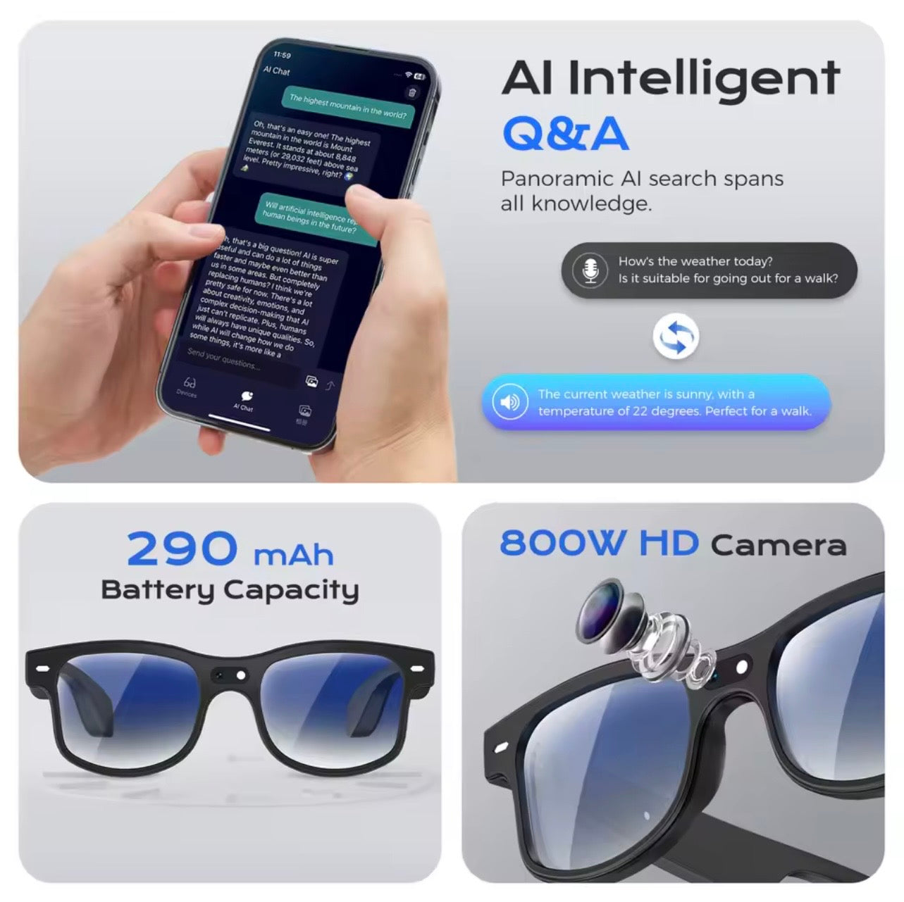 Smart Glasses 8MP Camera, AI object recognition & Translation