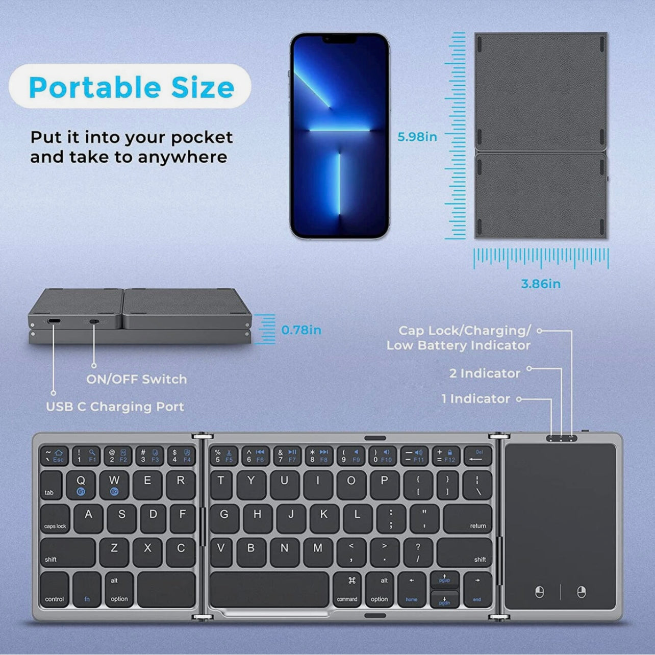 PORTABLE WIRELESS KEYBOARD FOLDABLE with TOUCHPAD MOUSE for TABLET LAPTOP MOBILE