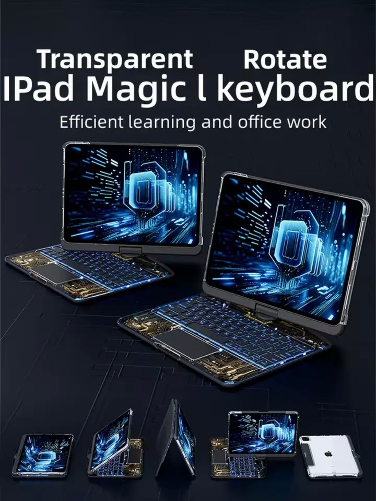 ROTATING CASE APPLE IPAD KEYBOARD IPAD PRO AIR SMART TRANSPARENT BACKLIGHT LED