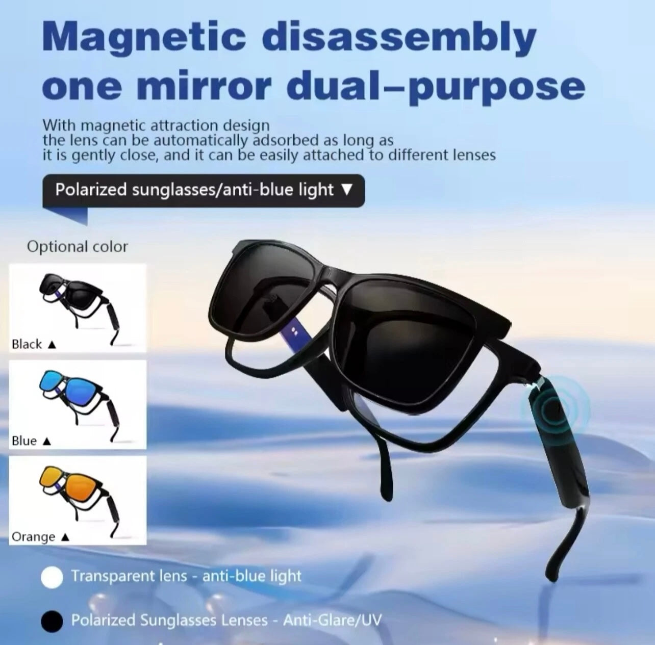 Bluetooth Smart Sunglasses Music Call UV400 Polarized Lens 2-in-1 Glasses