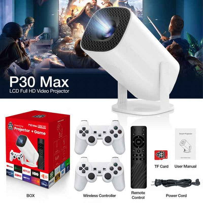 P30 Max 4K Smart Projector, Movie Home Theater, LCD Full HD 180° Flexible Projection, Built-in Game Emulator Supports over 10 gaming platform simulators,WiFi 6 + Bluetooth 5.4, Multiple Output Options