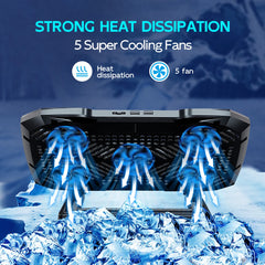 Laptop Cooling Pad – 12-15.6” Stand, 5 Quiet Fans, Adjustable Height, Built-in Pho