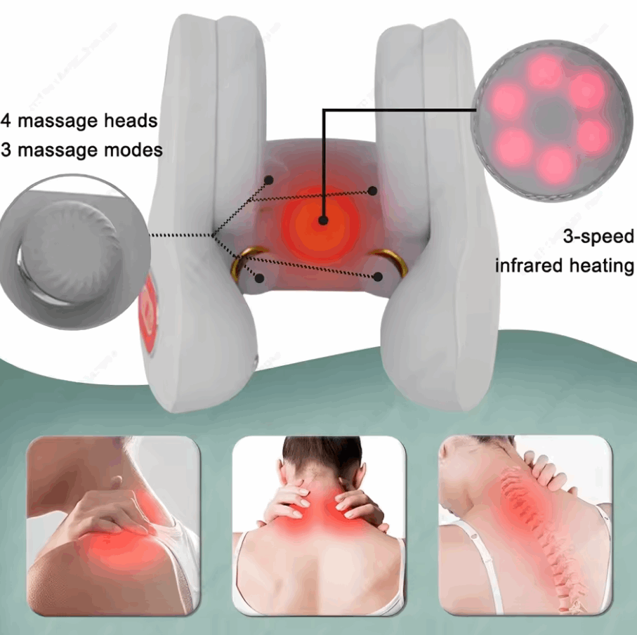 Battery Powered Neck Shoulder Massager, Noise Reduction, Heating & Vibration, Red Light Therapy, Bluetooth Connectivity - Allows wireless control & Music via Bluetooth-enabled devices, Portable & Ergonomic