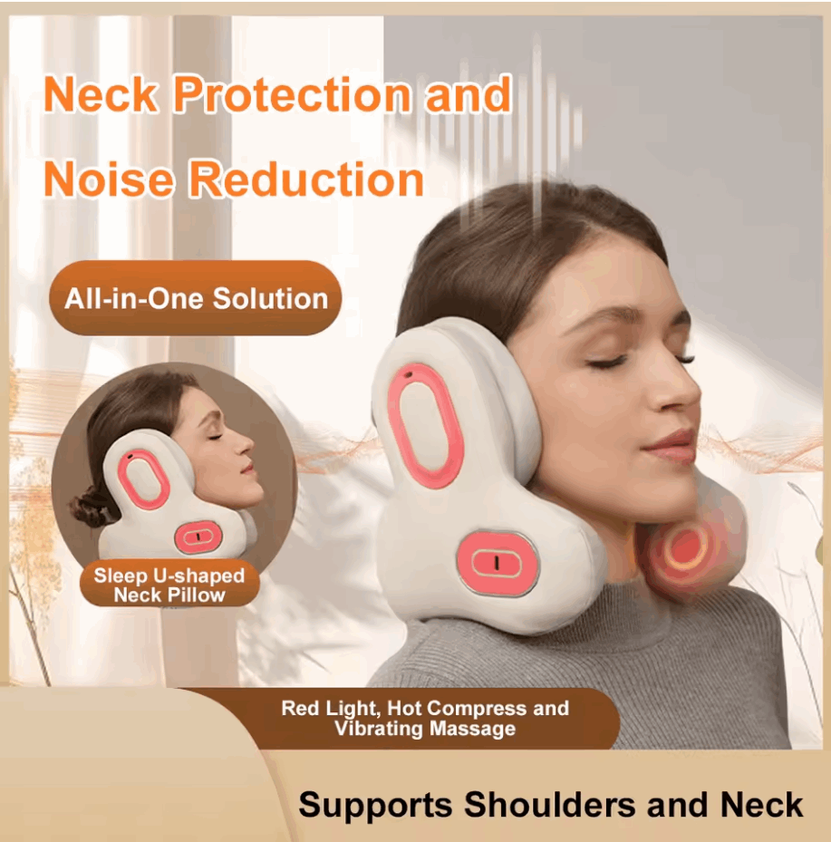 Battery Powered Neck Shoulder Massager, Noise Reduction, Heating & Vibration, Red Light Therapy, Bluetooth Connectivity - Allows wireless control & Music via Bluetooth-enabled devices, Portable & Ergonomic