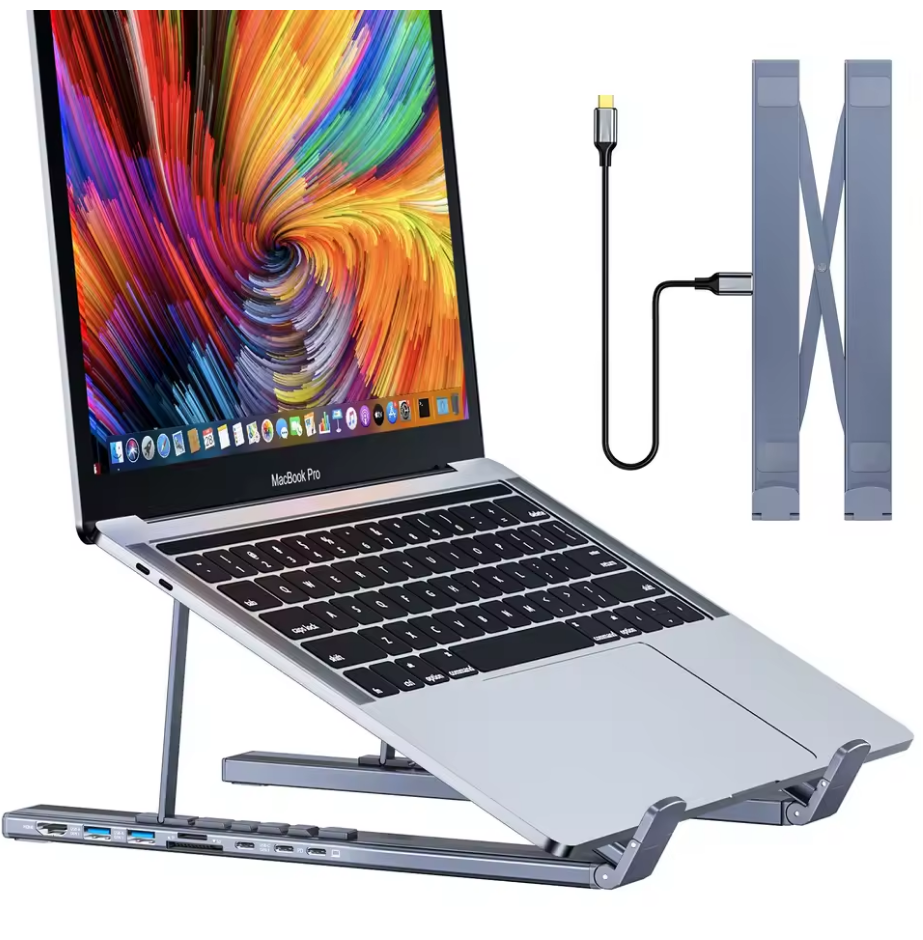 Universal Laptop Stand with USB-C Hub – Adjustable Holder Bracket with HDMI, SD/TF Card Reader, and Type-C Docking Station for MacBook, iPad Pro & Laptops