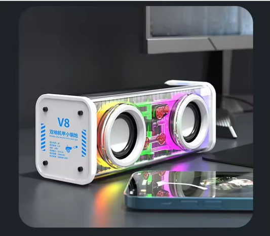 Transparent Mecha Bluetooth 5.0 TWS Speakers – Wireless Mini Party Loudspeaker with Double Bass Diaphragm & RGB Lights