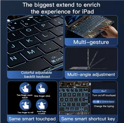 360° Rotating Keyboard Case iPad Backlit LED Transparent/Black/White/Pink Cover