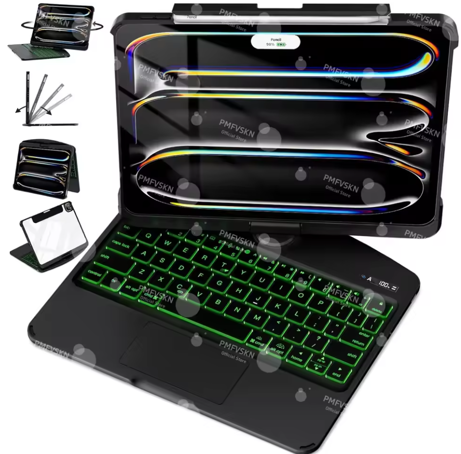 360° Rotating Keyboard Case iPad Backlit LED Transparent/Black/White/Pink Cover
