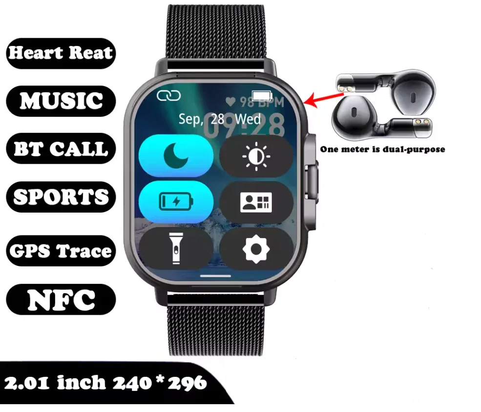 Smart Watch with Earbuds - 2 in 1, 2” HD Display, Health Monitoring, Bluetooth Call, GPS, Heart Rate Monitor, Fitness Modes, Music Player, Multi-Language Support, Long Battery, Compatible with Android & iOS - ZeeTec Store