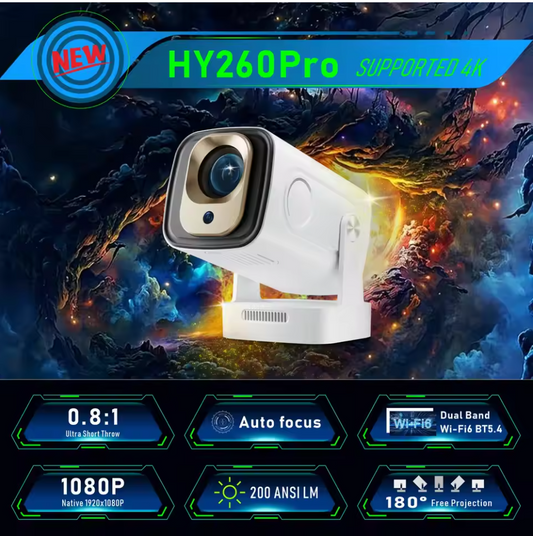 HY260 Pro Outdoor Mini Projector | 1080P, WiFi 6 & BT 5.4 | 180° Rotatable, 6000 Lumens Portable Cinema for Camping & Movie Nights