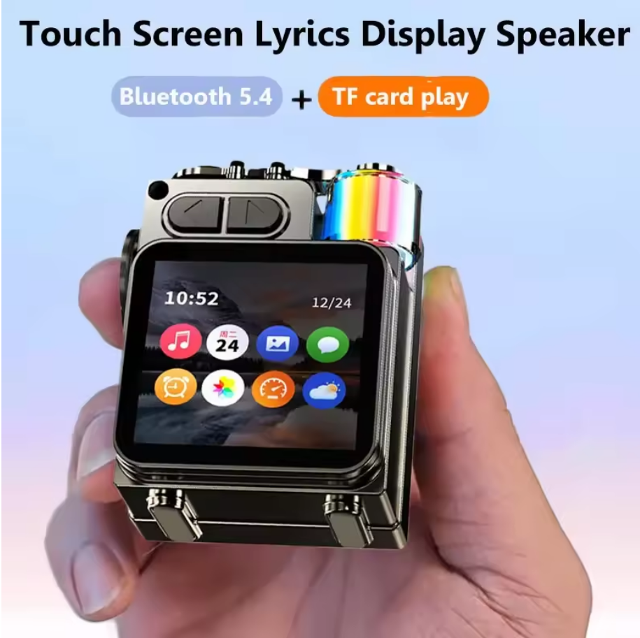 Touch-Screen Bluetooth Mini Speaker, 2.1” HD Touch Screen Control, Multifunction: Music|Call|Lyrics|Weather…etc,Metal Armor Design & Bass Subwoofer, Long Playtime: Built-in 1200mAh, Optional: Exclusive Earbuds